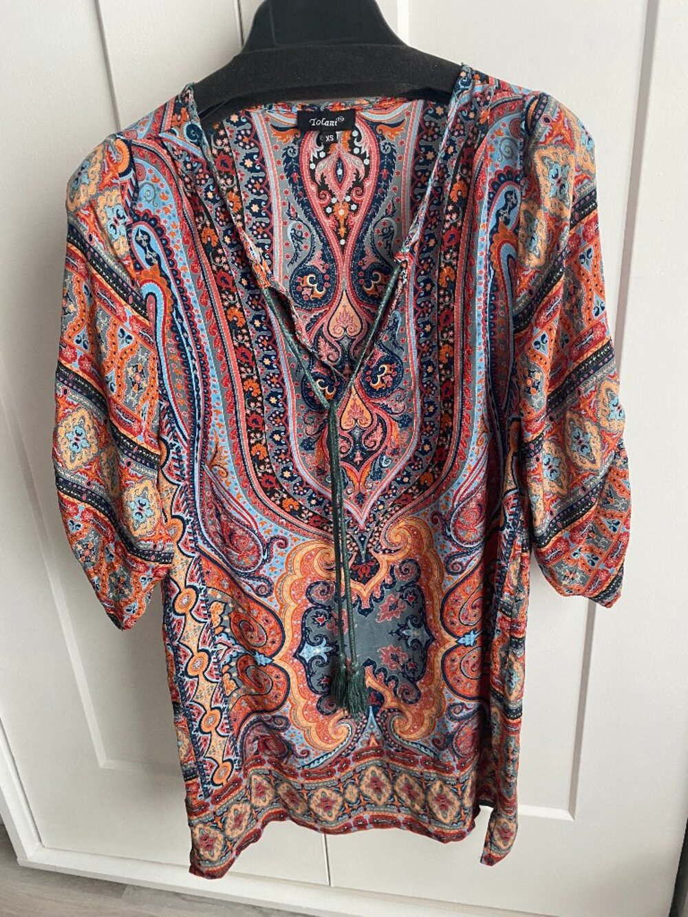 Tolani Boho Silk Tunic Dress Top Paisley Print with Tassles Size XS